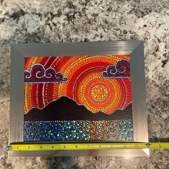 Gorgeous sunset/mountains dot mandala style painting in silver frame 10”X12” new - Picture 6 of 7